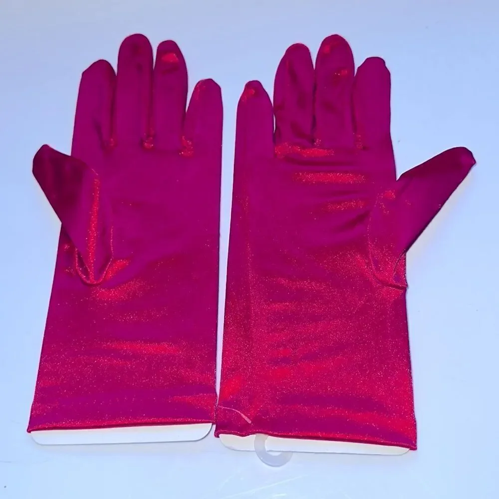 New on card short‎ red nylon stretchy, shiny, dressy gloves